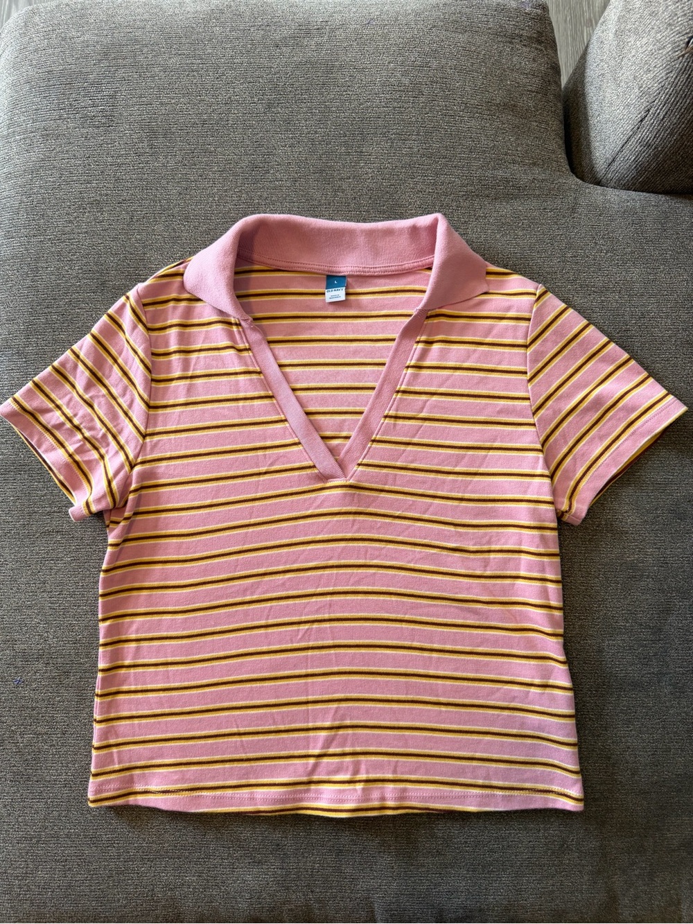 Old Navy Pink Striped Polo V‑Neck Top with Yellow Accents